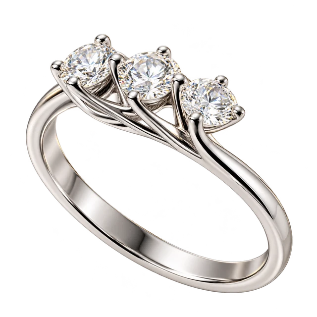 Three round diamonds in an open white-metal ring setting