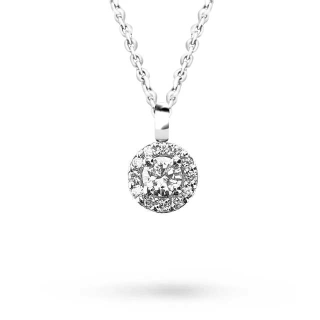 Jennifer Pendant with one round diamond halo and a polished bail on a fine white-metal chain