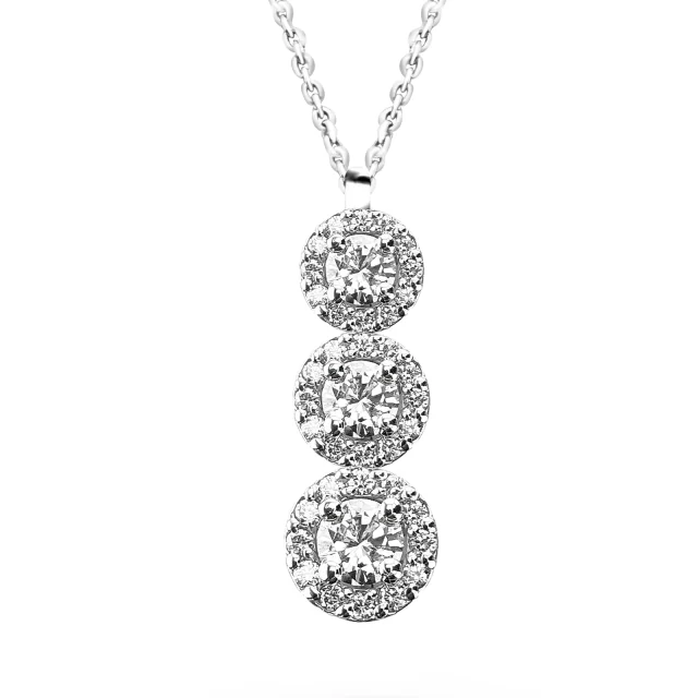 Jennifer Trilogy Pendant with three graduated round diamond halos on a white-metal chain