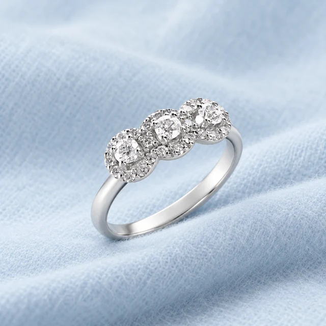 Jennifer Trilogy Ring on pale ice-blue cashmere