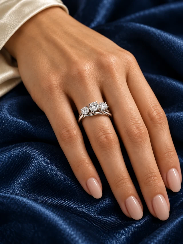 Sear’s Three-Stone Ring worn on navy silk